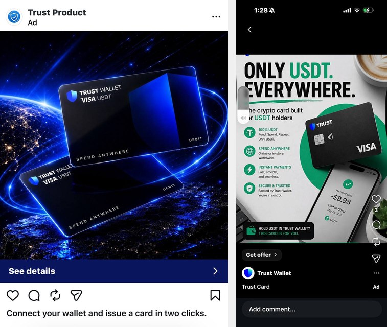 Anuncios de pago en Instagram promocionando trustspendcards.net como tarjeta Trust Wallet VISA
